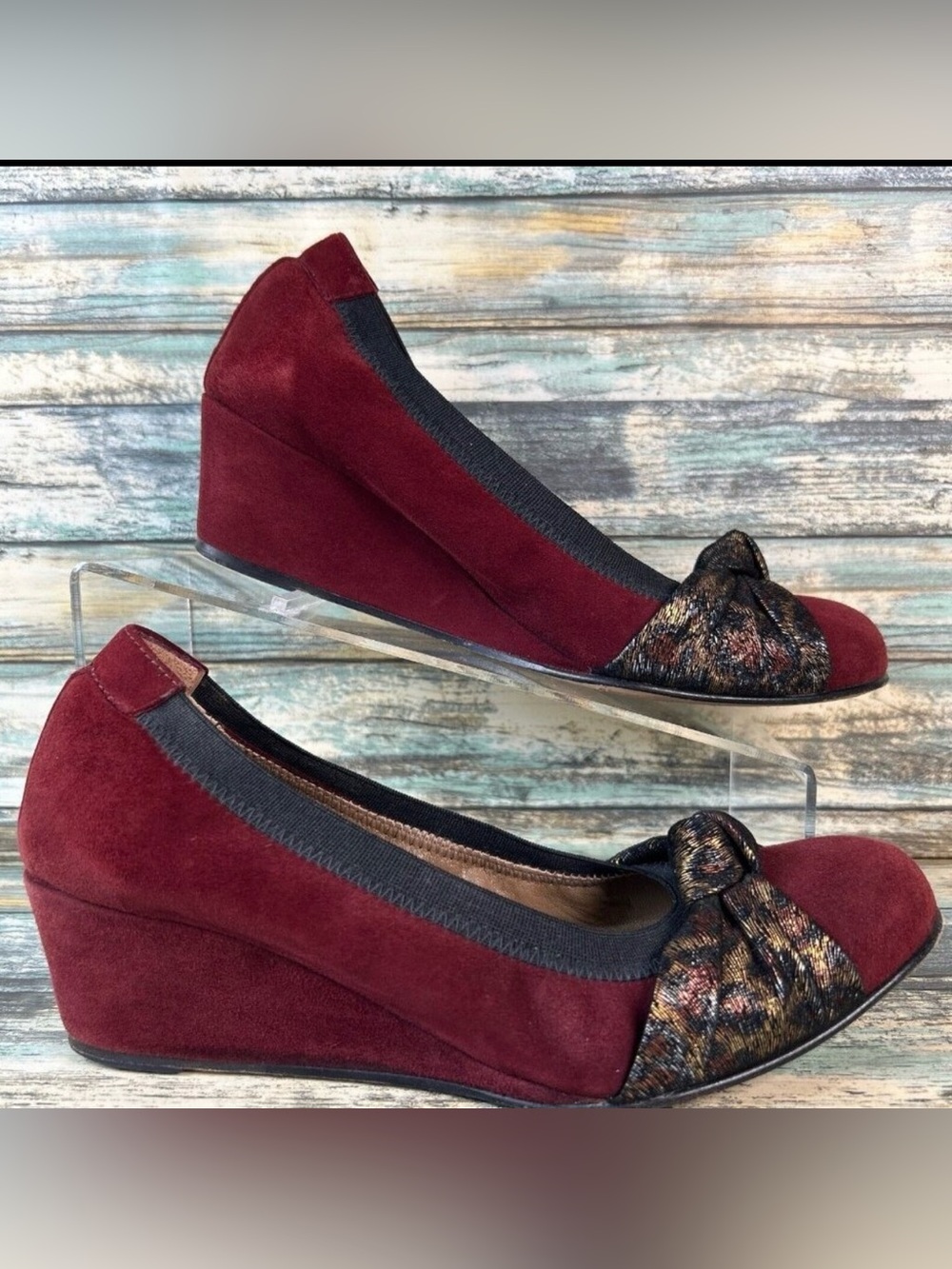 Anyi Lu Wedge Heel Pumps Shoe Womens Size 7.5-8/38 Burgundy Suede Handmade Italy